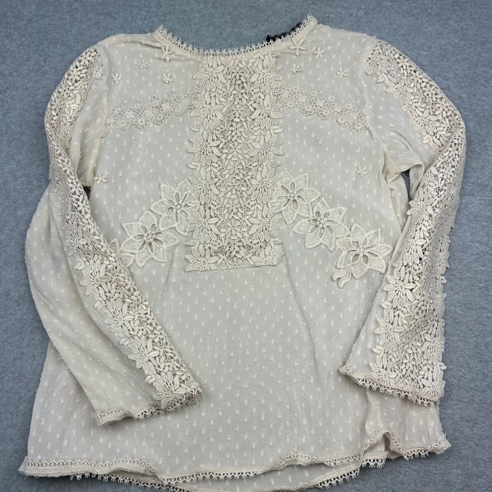 Lace Trim Swiss Dot Long Sleeve Women's Top - Cream